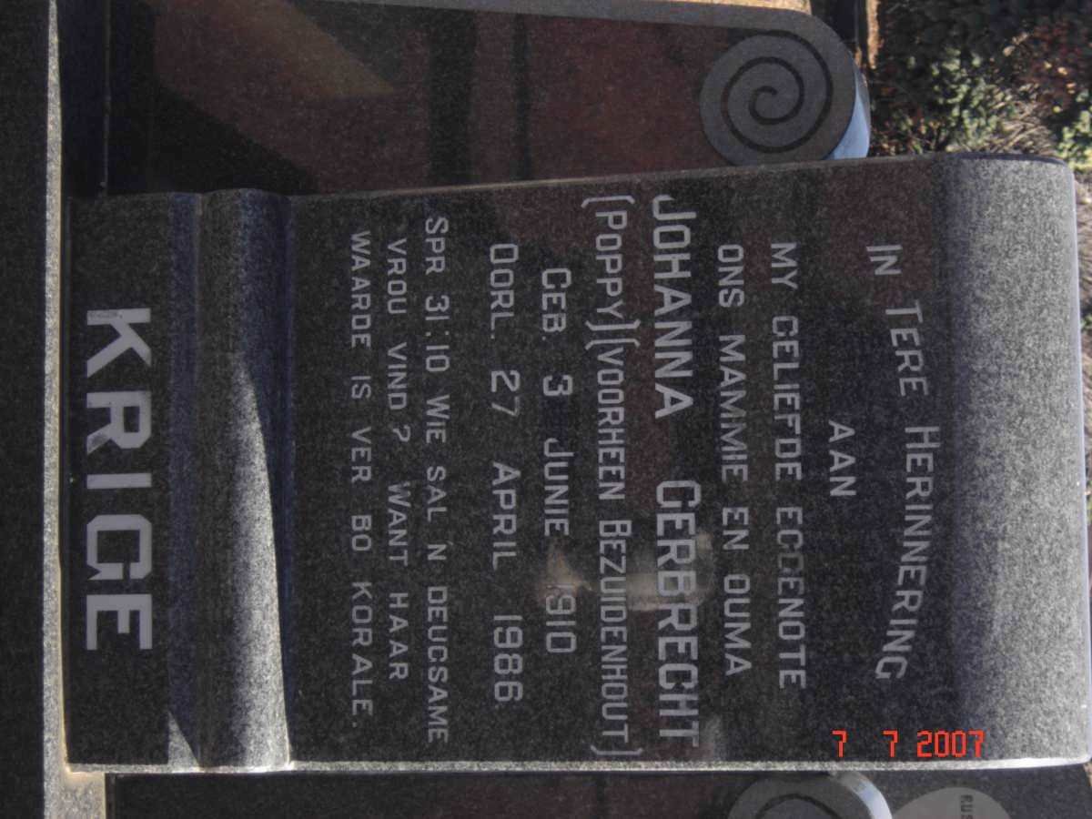 KRIGE Johanna Gerbrecht nee BEZUIDENHOUT 1910-1986