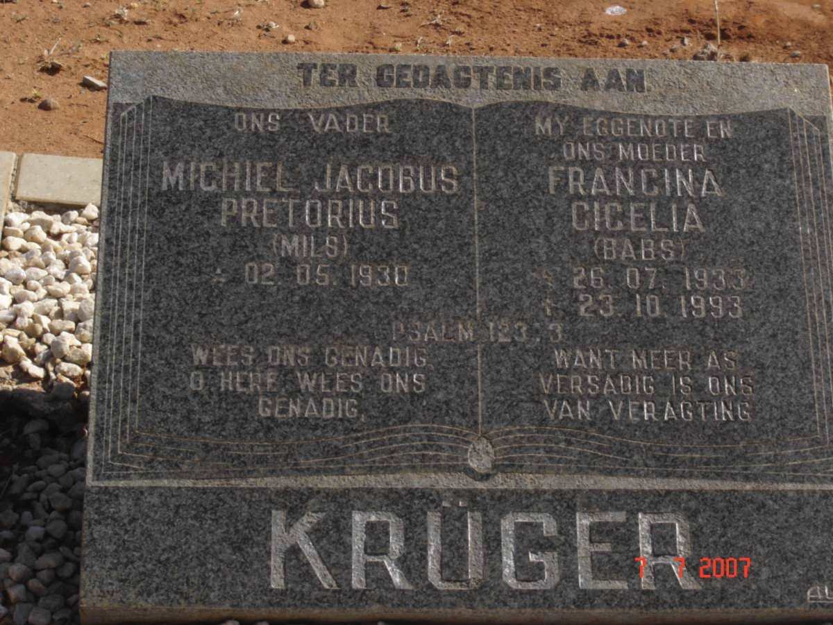 KRUGER Michiel Jacobus Pretorius 1930- &amp; Francina Cicelia 1933-1993