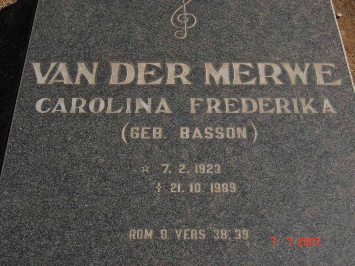 MERWE Carolina Frederika, van der nee BASSON 1923-1989