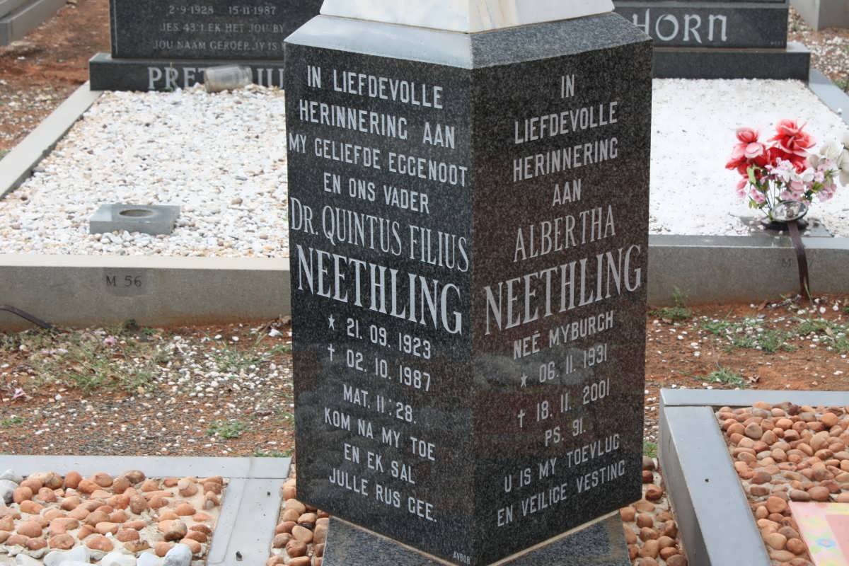 NEETHLING Quintus Filius 1923-1987 &amp; Albertha MYBURGH 1931-2001