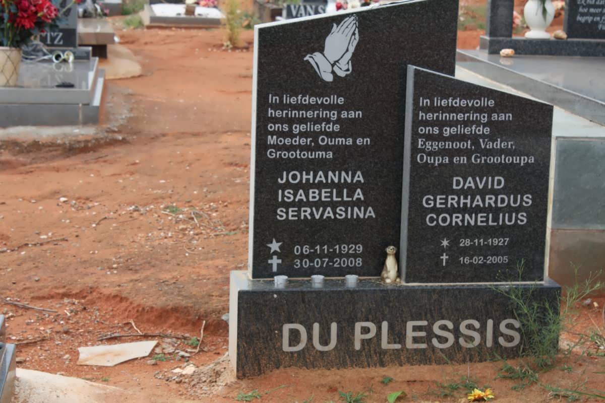 PLESSIS David Gerhardus Cornelius, du 1927-2005 &amp; Johanna Isabella Servasina 1929-2008