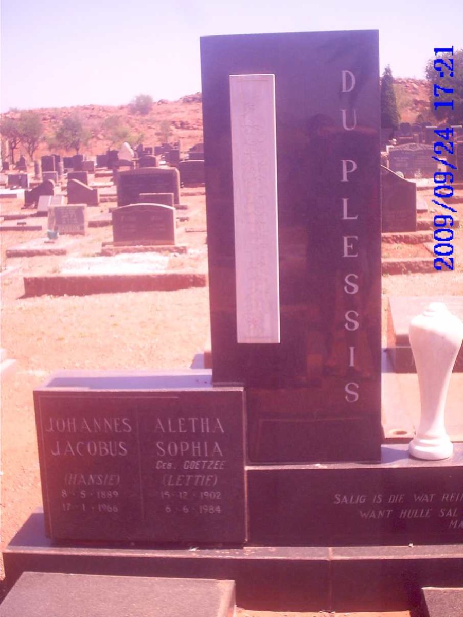 PLESSIS Johannes Jacobus, du 1889-1966 &amp; Aletha Sophia COETZEE 1902-1984