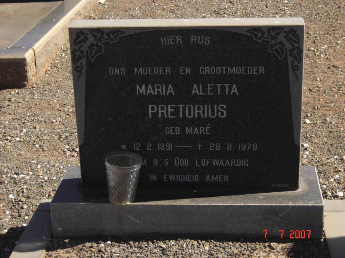PRETORIUS Maria Aletta nee MARE 1891-1978