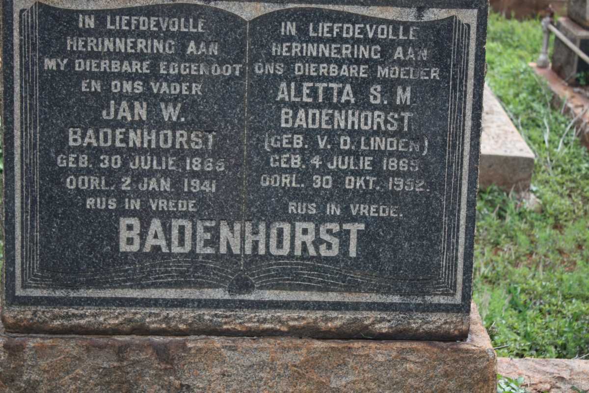 BADENHORST Jan W. 1865-1941 &amp; Aletta S.M. V.D. LINDEN 1869-1952