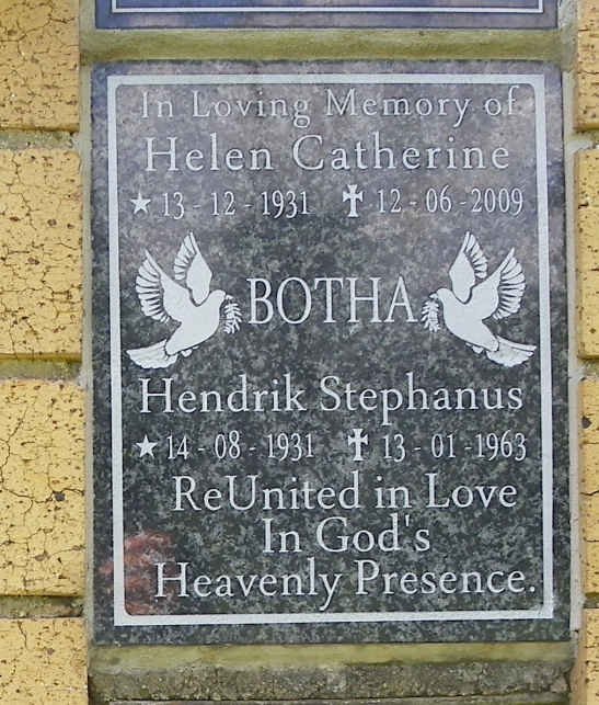 BOTHA Hendrik Stephanus 1931-1963 &amp; Helen Catherine 1931-2009