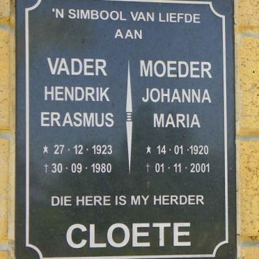 CLOETE Hendrik Erasmus 1923-1980 &amp; Johanna Maria 1920-2001