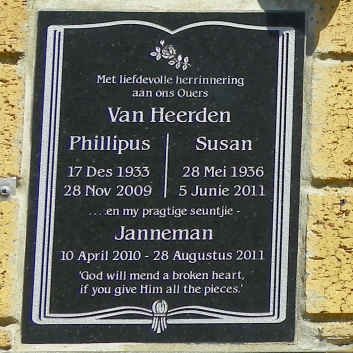HEERDEN Phillipus, van 1933-2009 &amp; Susan 1936-2011 :: VAN HEERDEN Janneman 2010-2011