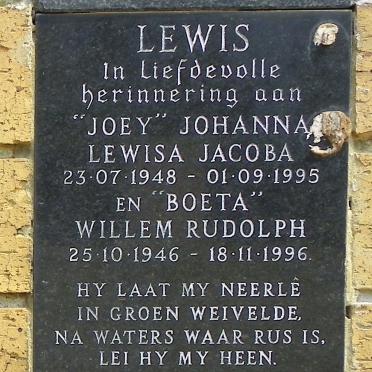 LEWIS Willem Rudolph 1946-1996 &amp; Johanna Lewisa Jacoba 1948-1995