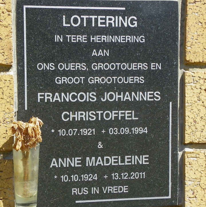 LOTTERING Francois Johannes Christoffel 1921-1994 &amp; Anne Madeleine 1924-2011