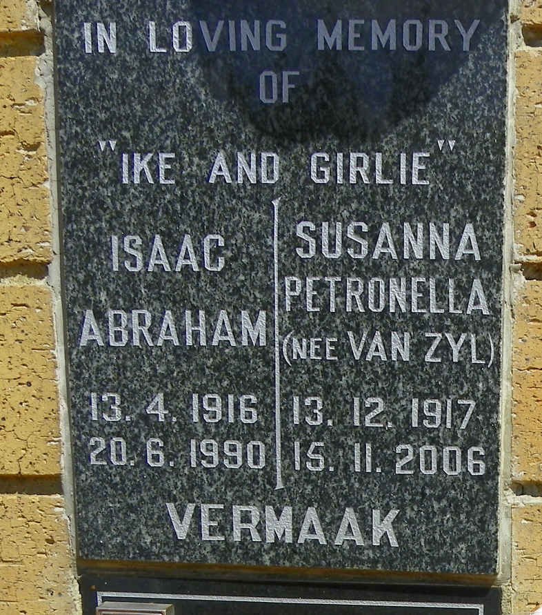 VERMAAK Isaac Abraham 1916-1990 &amp; Susanna Petronella VAN ZYL 1917-2006