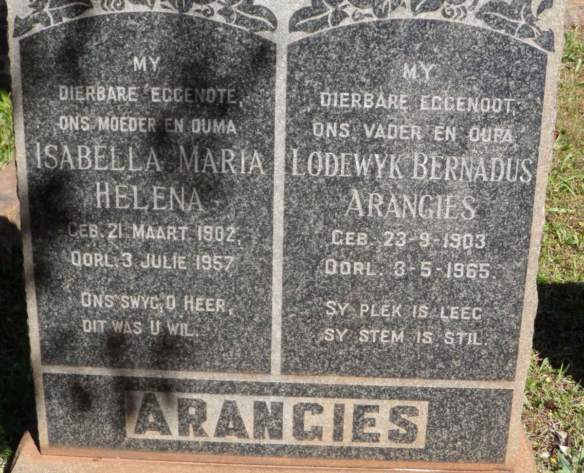ARANGIES Lodewyk Bernadus 1903-1965 &amp; Isabella Maria Helena 1902-1957