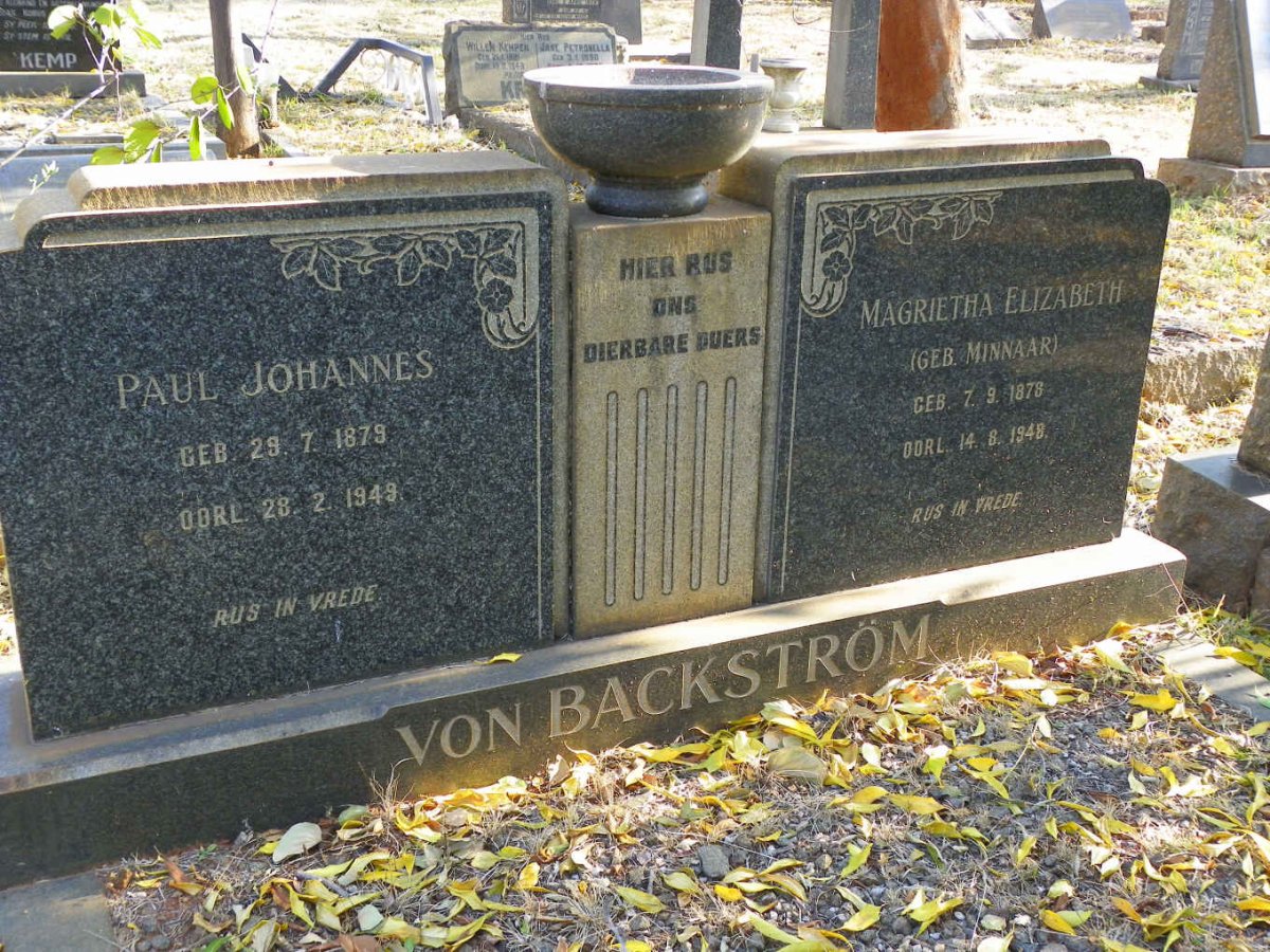 BACKSTROM Paul Johannes, von 1879-1949 &amp; Magrietha Elizabeth MINNAAR 1878-1948