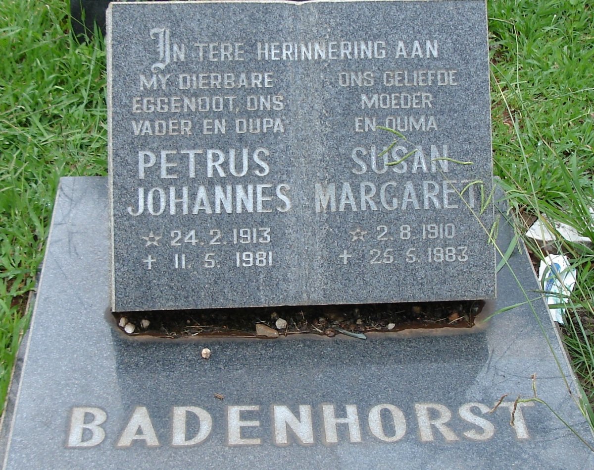 BADENHORST Petrus Johannes 1913-1981 &amp; Susan Margaret 1910-1983