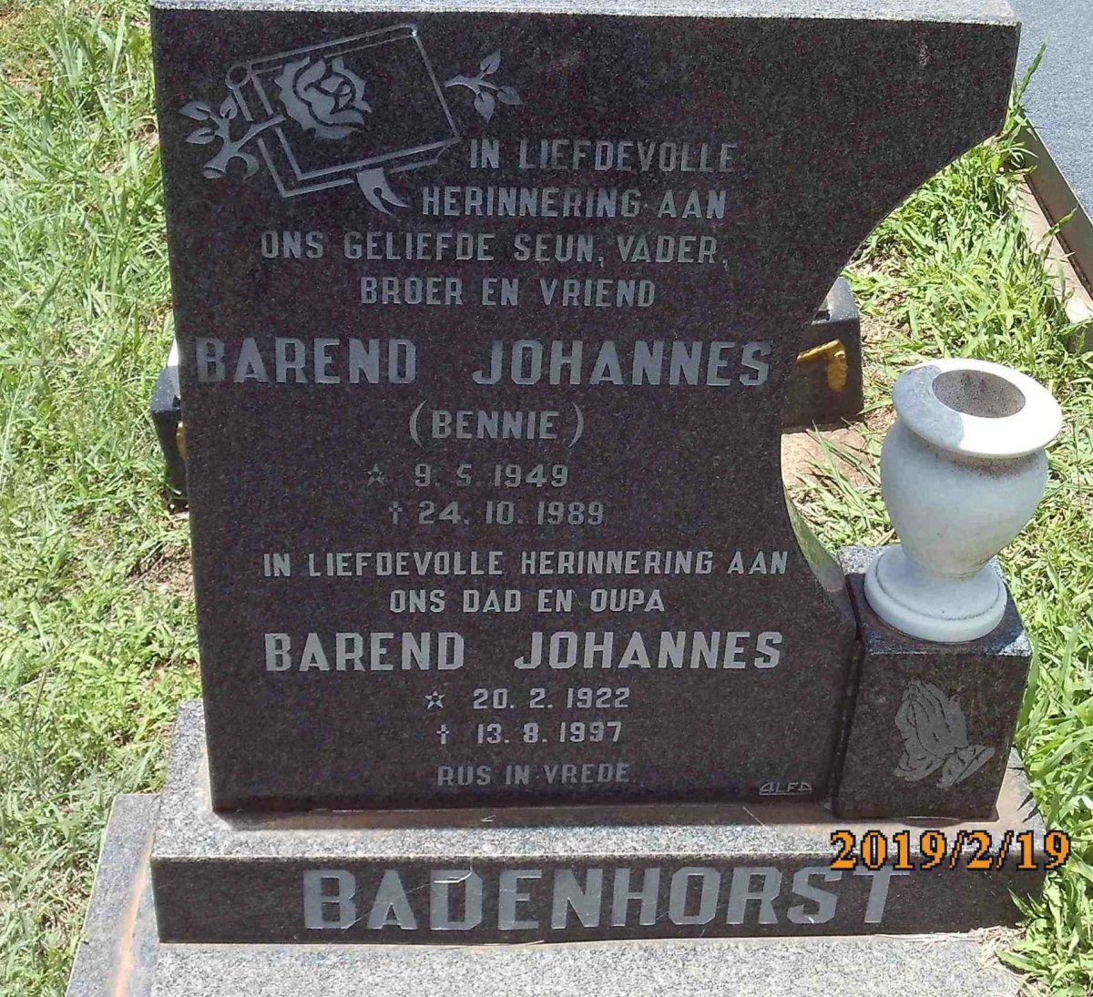 BADENHORST Barend Johannes 1922-1997 :: BADENHORST Barend Johannes 1949-1989