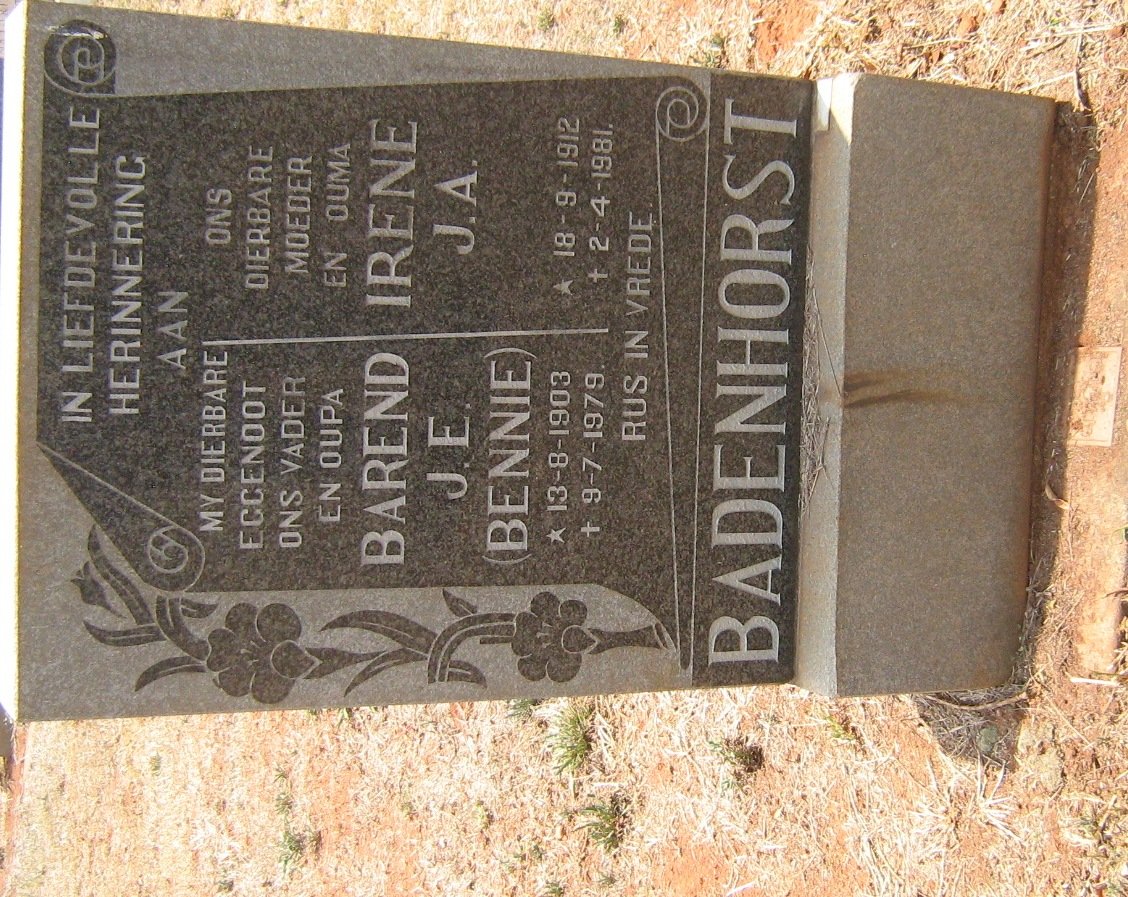 BADENHORST Barend J.E. 1903-1979 &amp; Irene J.A. 1912-1981