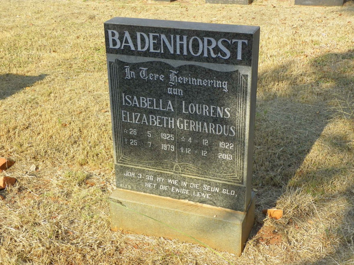 BADENHORST Lourens Gerhardus 1922-2013 &amp; Isabella Elizabeth 1925-1979
