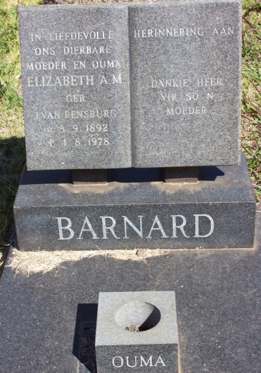 BARNARD Elizabeth A.M. nee J. VAN RENSBURG 1892-1978