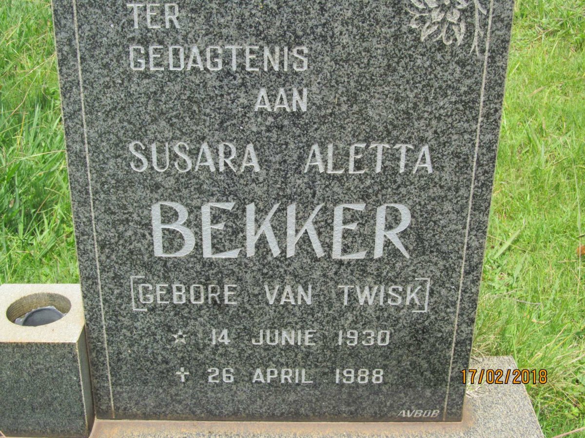 BEKKER Susara Aletta nee VAN TWISK 1930-1998