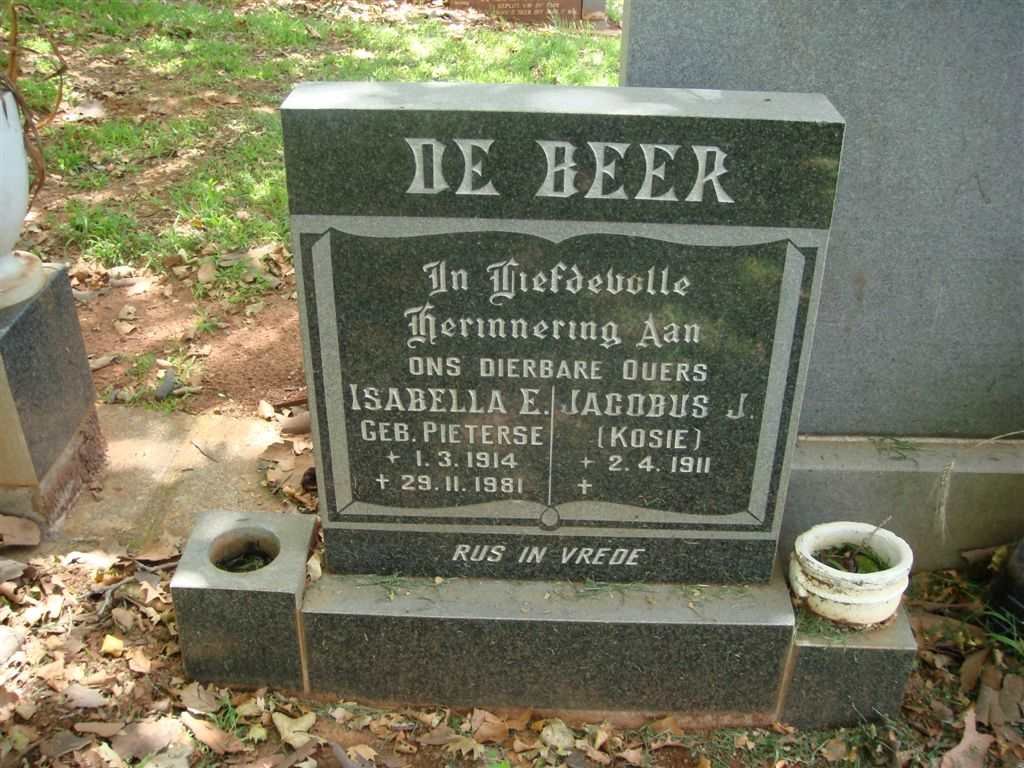 BEER Jacobus J., de 1911- &amp; Isabella E. PIETERSE 1914-1981