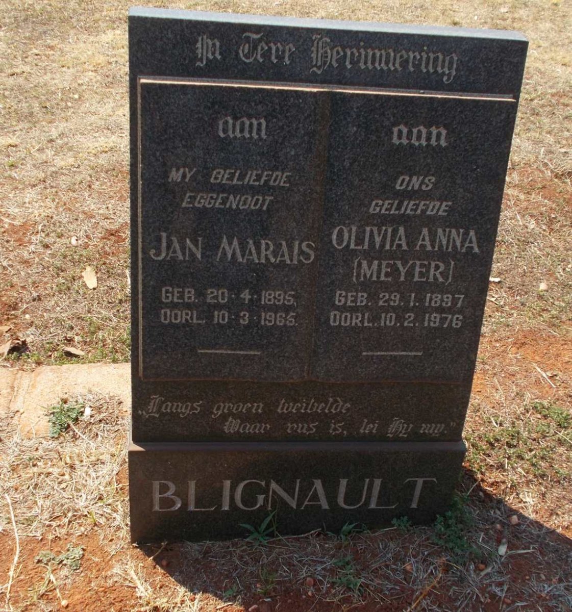BLIGNAULT Jan Marais 1895-1965 &amp; Olivia Anna MEYER 1897-1976