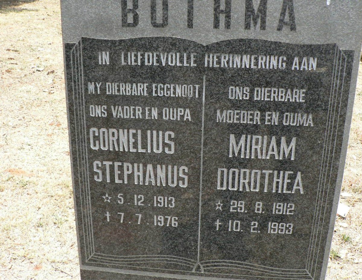 BOTHMA Cornelius Stephanus 1913-1976 &amp; Miriam Dorothea 1912-1993