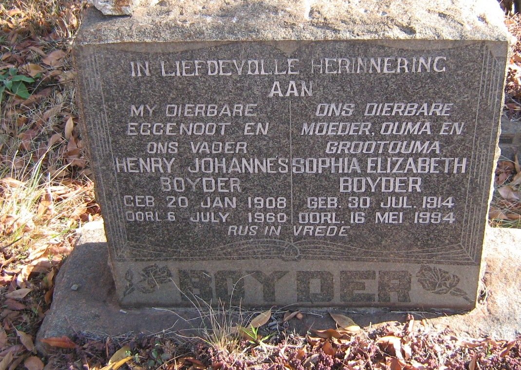 BOYDER Henry Johannes 1908-1960 &amp; Sophia Elizabeth 1914-1994