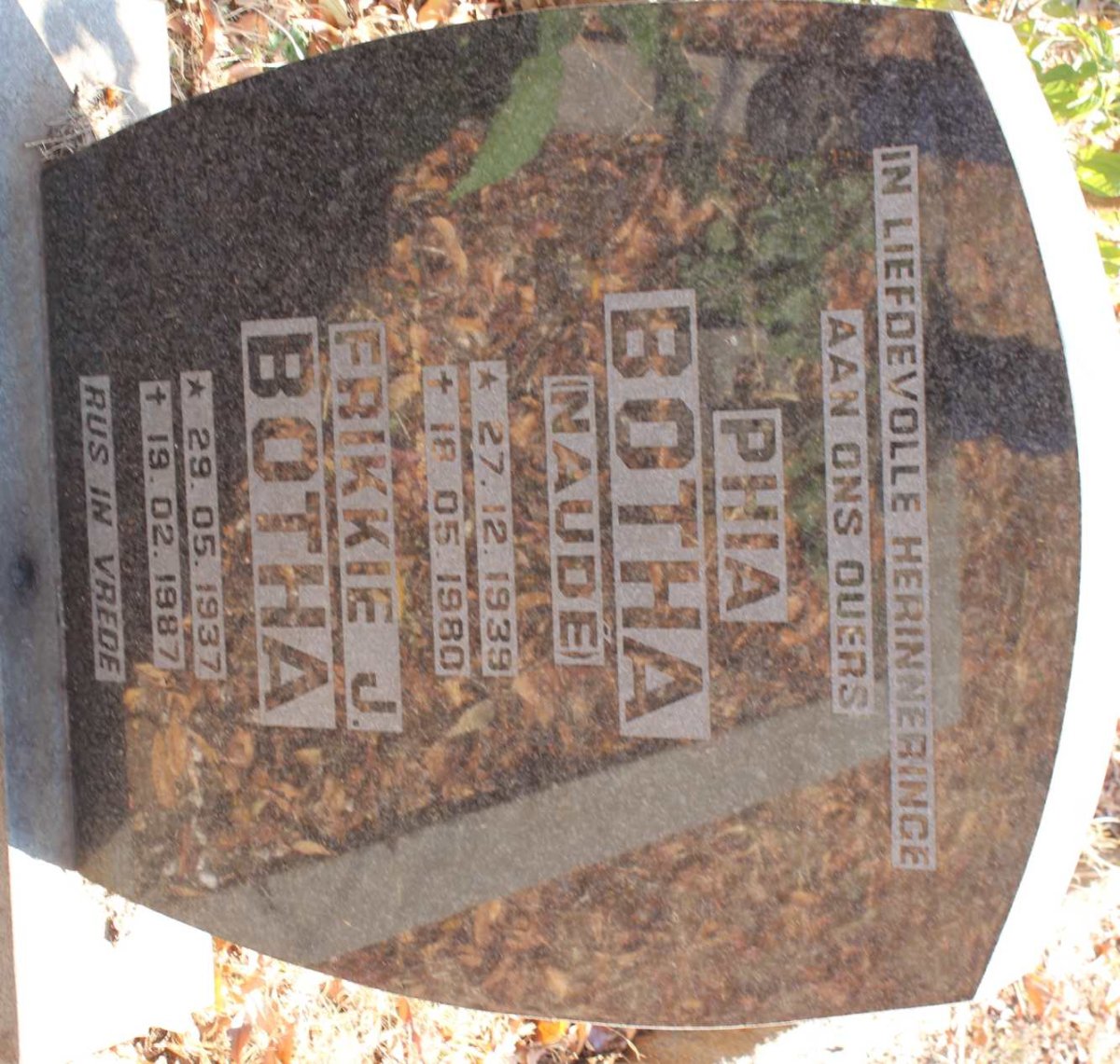 BOTHA Frikkie J. 1937-1987 &amp; Phia NAUDE 1939-1980