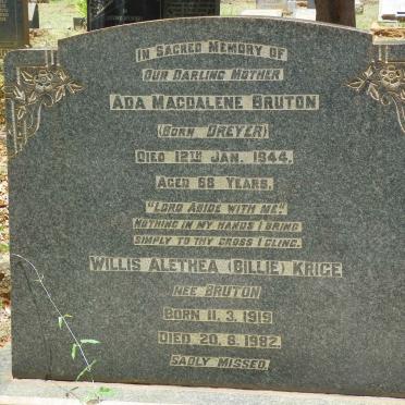 BRUTON Ada Magdalene nee DREYER -1944 :: KRIGE Willis Alethea nee BRUTON 1919-1982