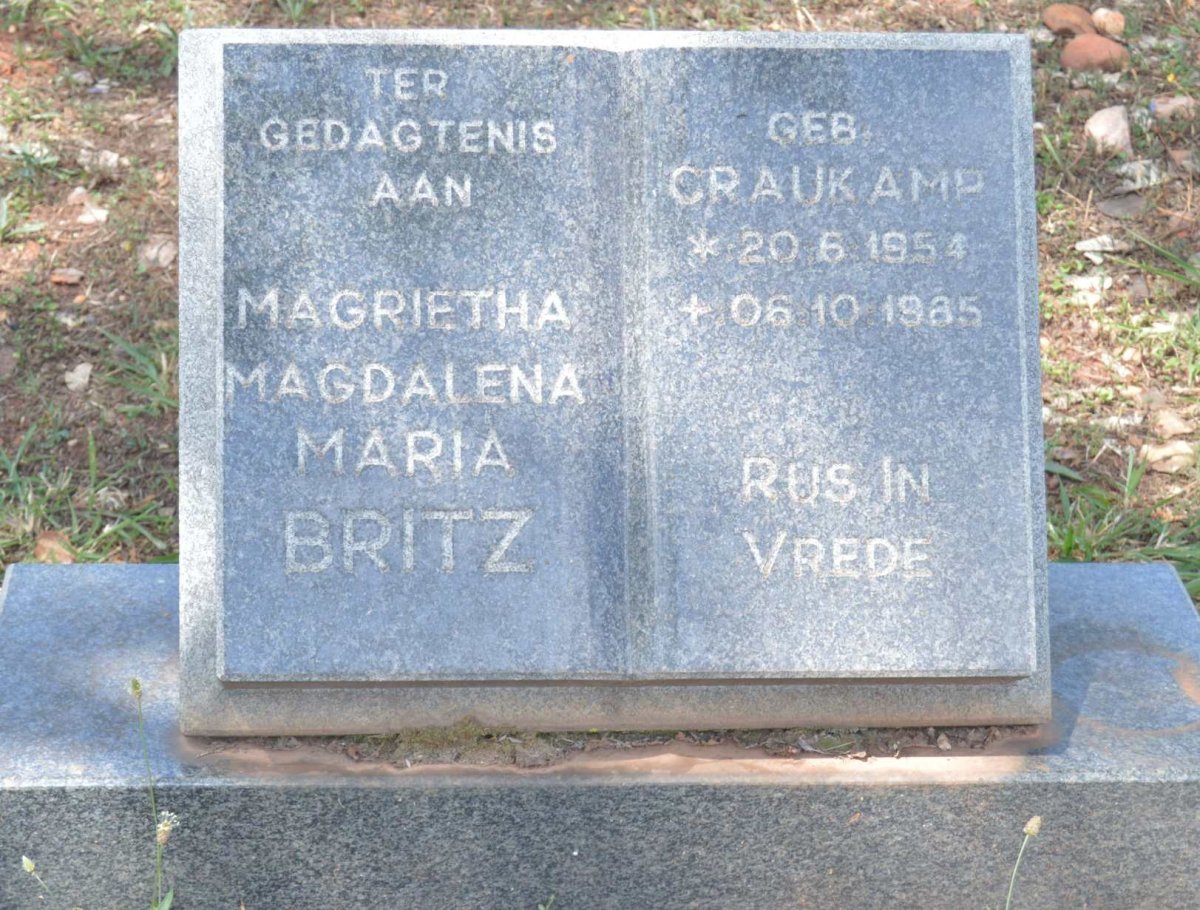 BRITZ Magrietha Magdalena Maria nee CRAUKAMP 1954-1985