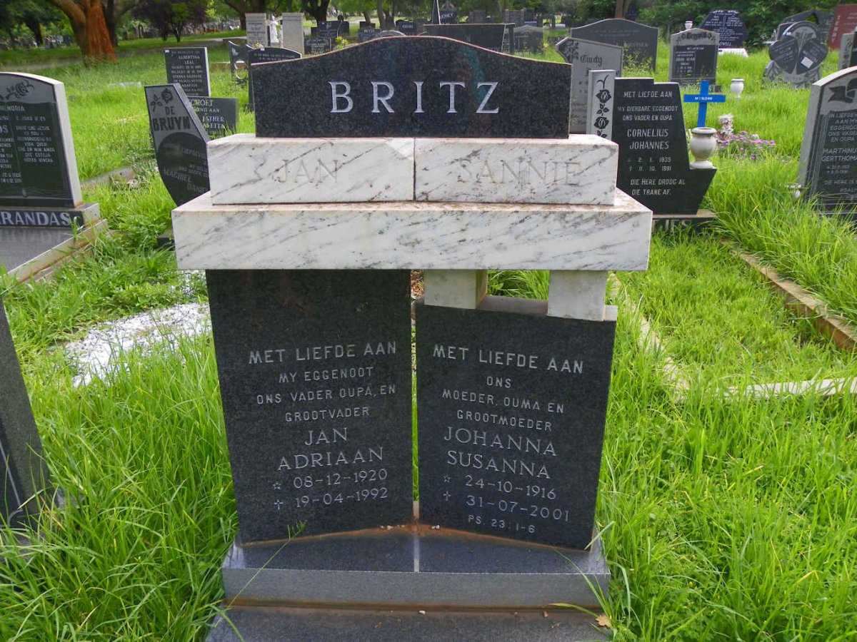 BRITZ Jan Adriaan 1920-1992 &amp; Johanna Susanna 1916-2001