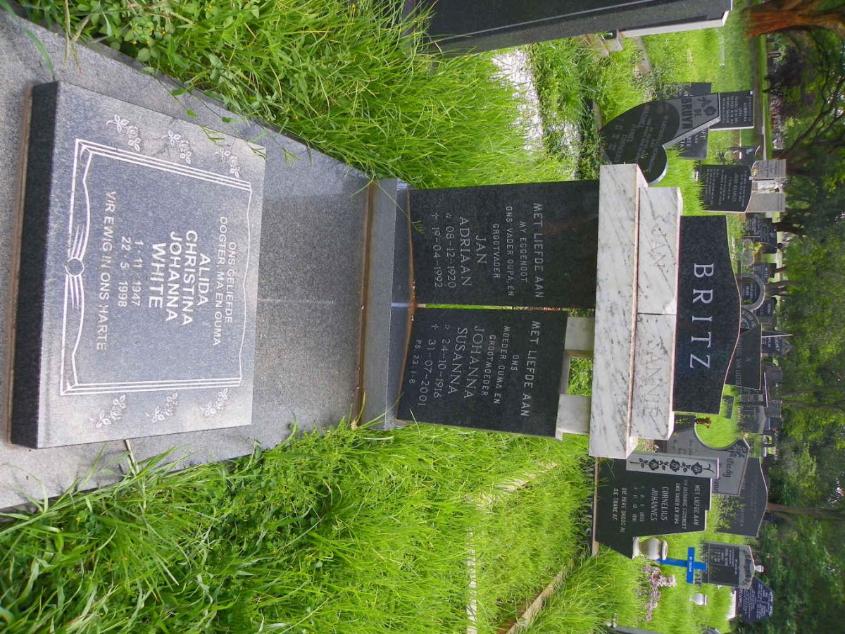 BRITZ Jan Adriaan 1920-1992 &amp; Johanna Susanna 1916-2001 :: WHITE Alida Christina Johanna 1947-1998