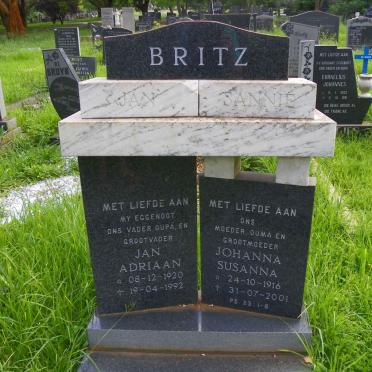 BRITZ Jan Adriaan 1920-1992 &amp; Johanna Susanna 1916-2001 :: WHITE Alida Christina Johanna 1947-1998