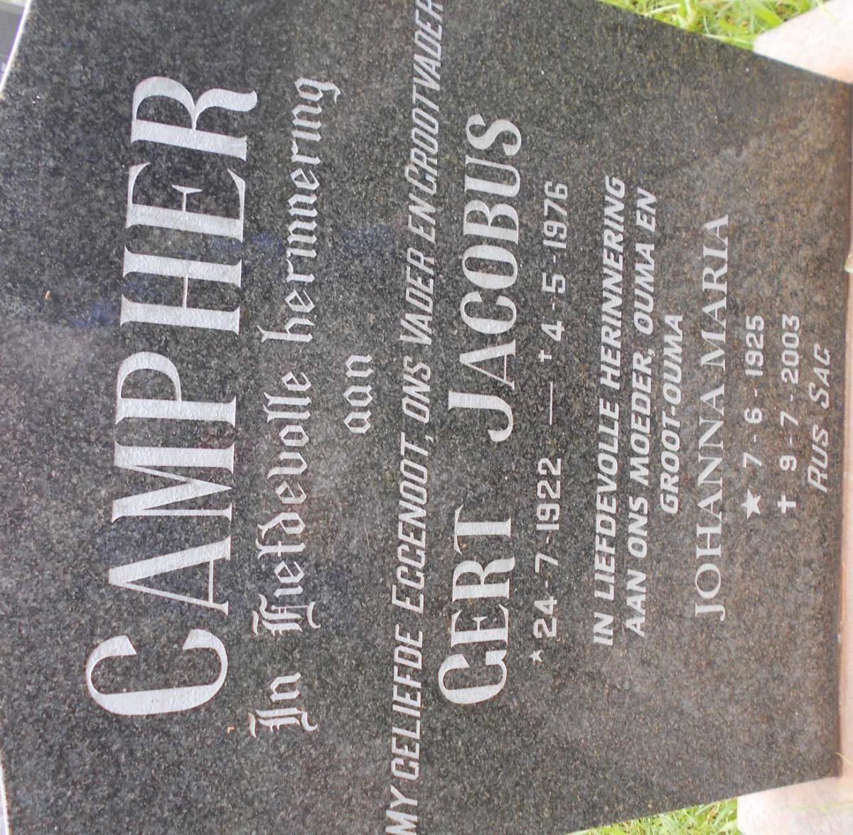 CAMPHER Gert Jacobus 1922-1976 &amp; Johanna Maria 1925-2003