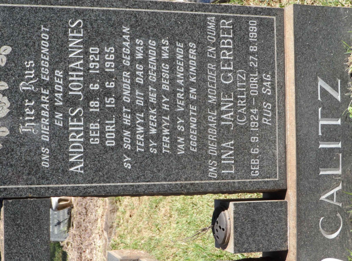 CALITZ Andries Johannes 1920-1965 &amp; Linda Jane Gerber CARLITZ 1924-1990