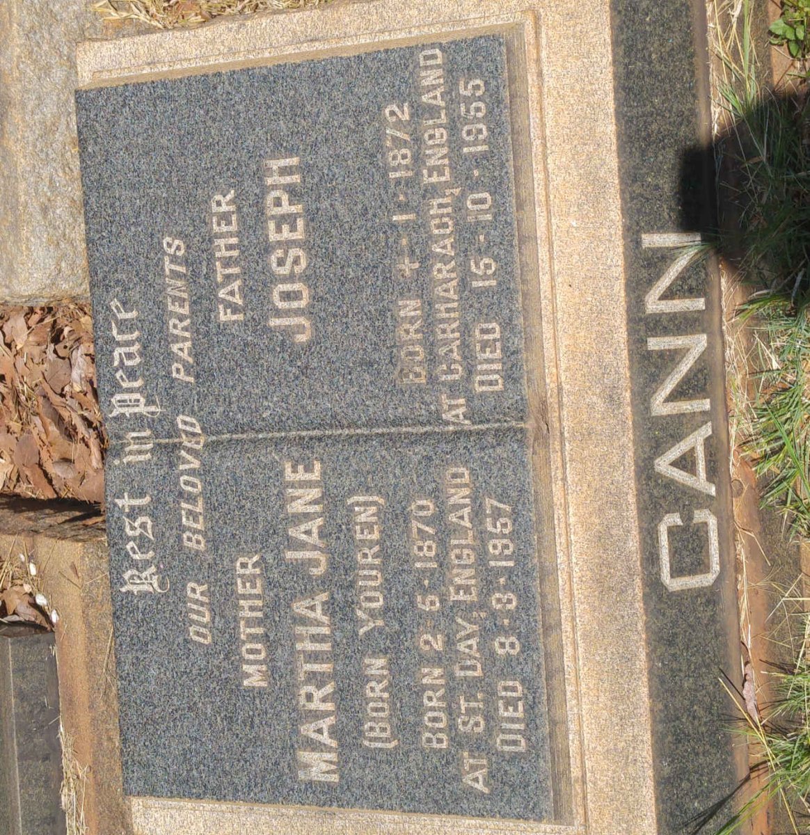CANN Joseph 1872-1955 &amp; Martha Jane YOUREN 1870-1957