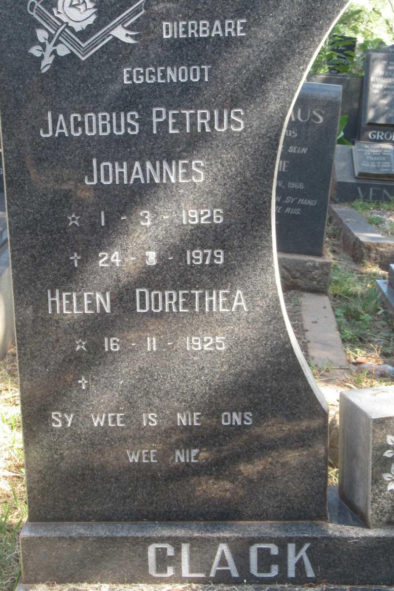 CLACK Jacobus Petrus Johannes 1926-1979 &amp; Helen Dorethea 1925-