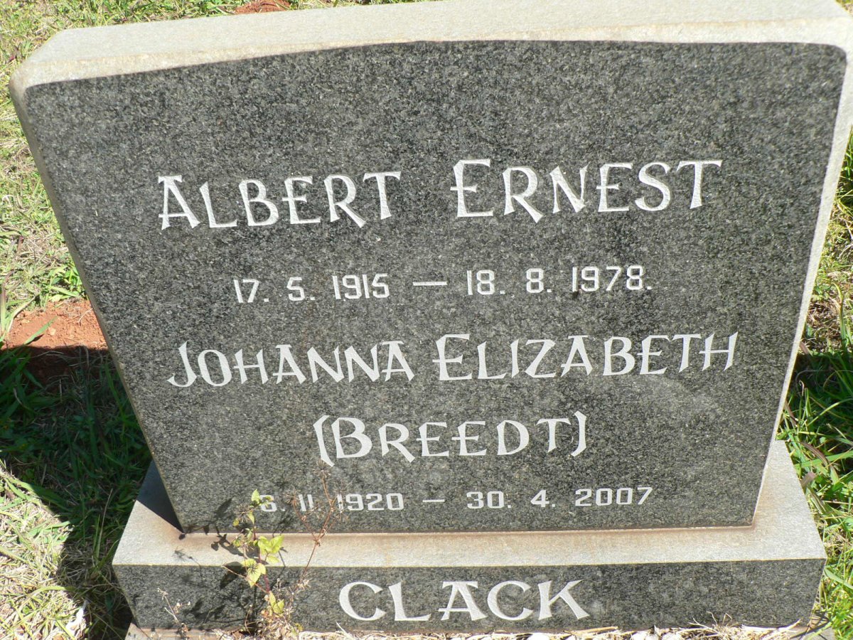 CLACK Albert Ernest 1915-1978 &amp; Johanna Elizabeth BREEDT 1920-2007
