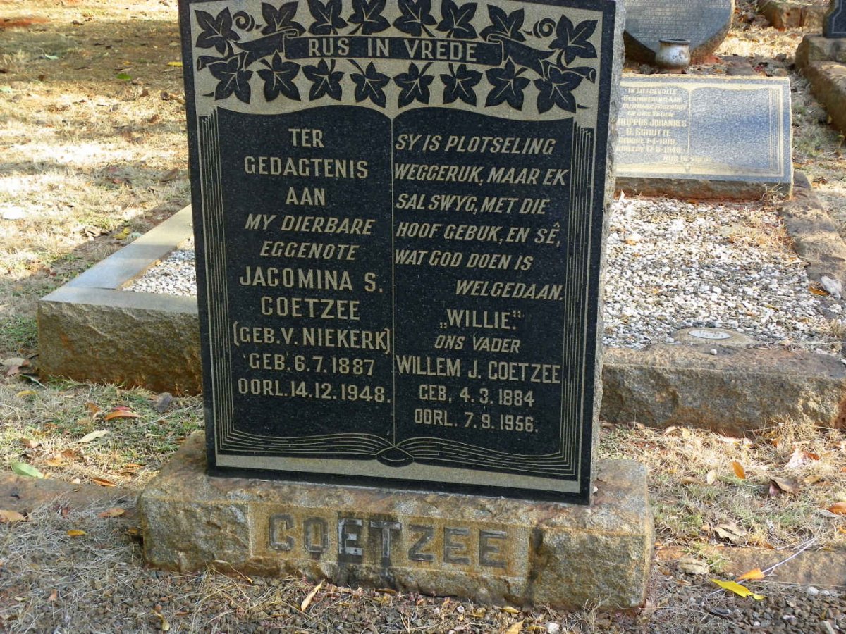 COETZEE Willem J. 1884-1956 &amp; Jacomina S. van NIEKERK 1887-1948