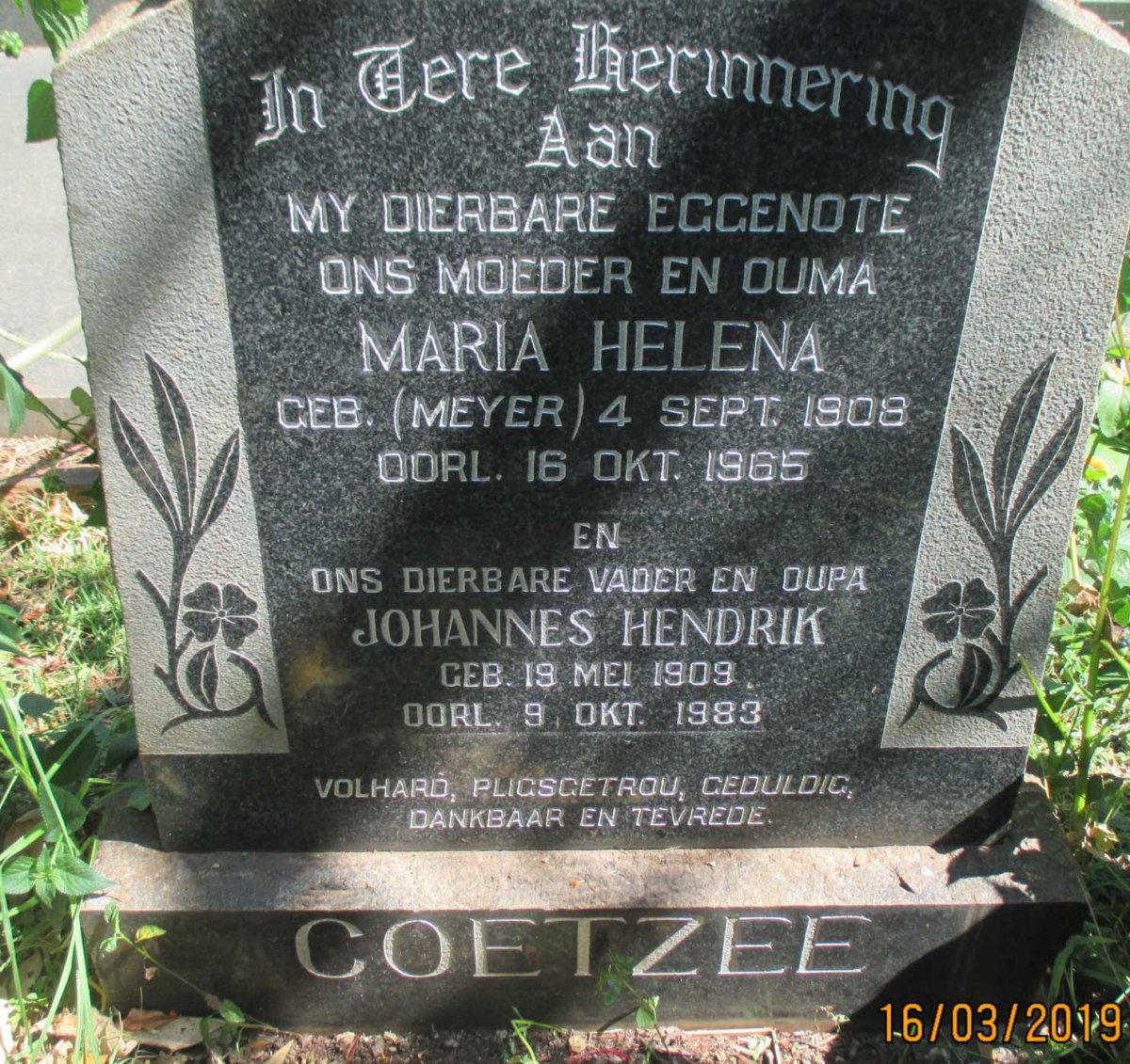 COETZEE Johannes Hendrik 1909-1983 &amp; Maria Helena MEYER 1908-1965