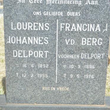 DELPORT Lourens Johannes 1892-1955 :: BERG Francina J., v.d. voorheen DELPORT 1896-1976