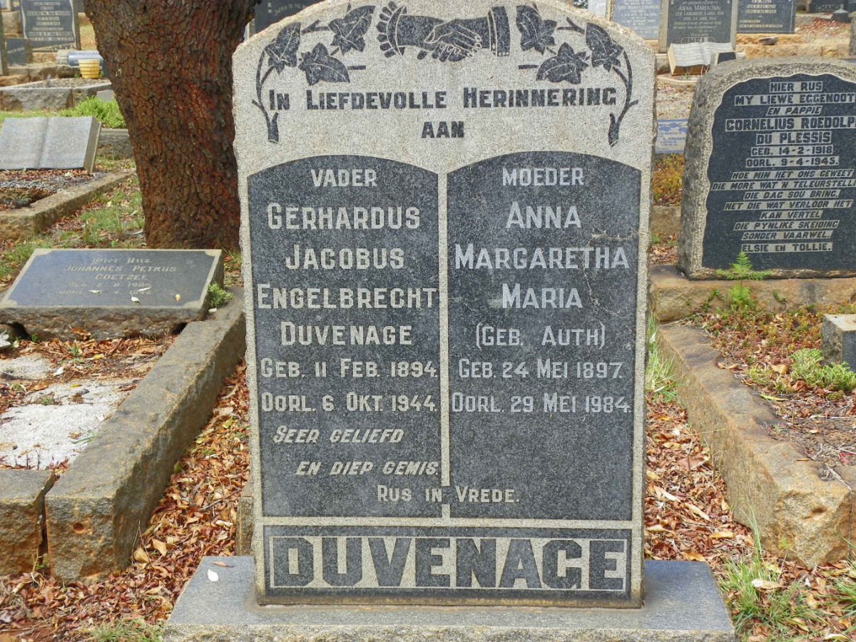DUVENAGE Gerhardus Jacobus Engelbrecht 1894-1944 &amp; Anna Margaretha Maria AUTH 1897-1984