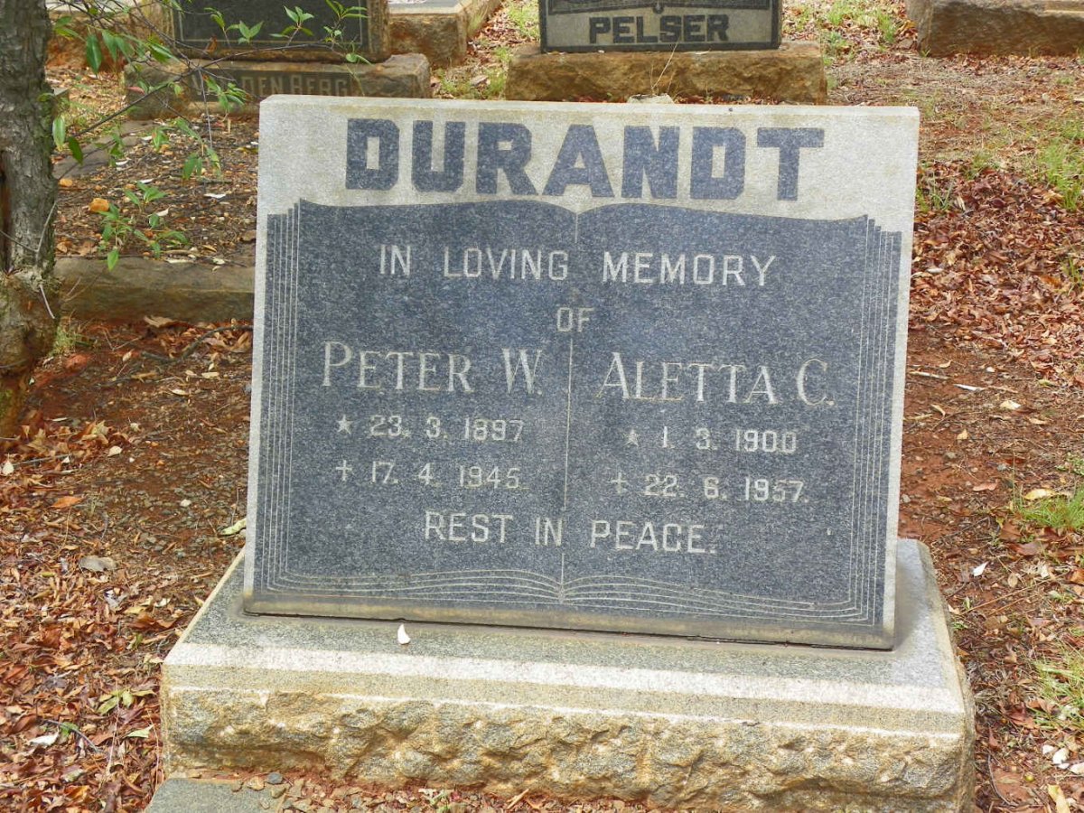 DURANDT Peter W. 1897-1945 &amp; Aletta C. 1900-1957
