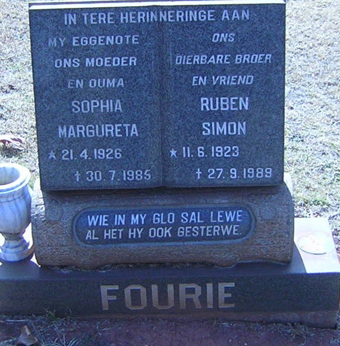 FOURIE Ruben Simon 1923-1989 &amp; Sophia Margureta 1926-1985