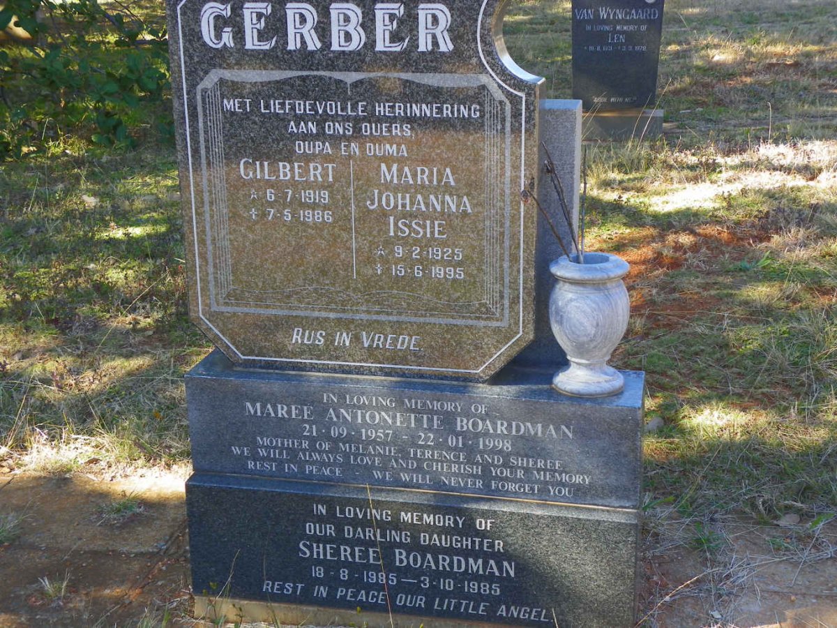 GERBER Gilbert 1919-1986 &amp; Maria Johanna Issie 1925-1995 :: BOARDMAN Maree Antonette 1957-1998