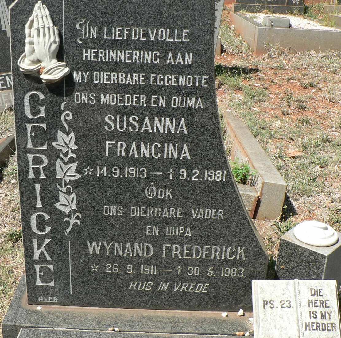 GERICKE Wynand Frederick 1911-1983 &amp; Susanna Francina 1913-1981