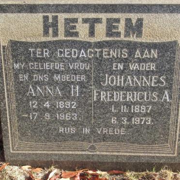HETEM Johannes Fredericus A. 1887-1973 &amp; Anna H. 1892-1963