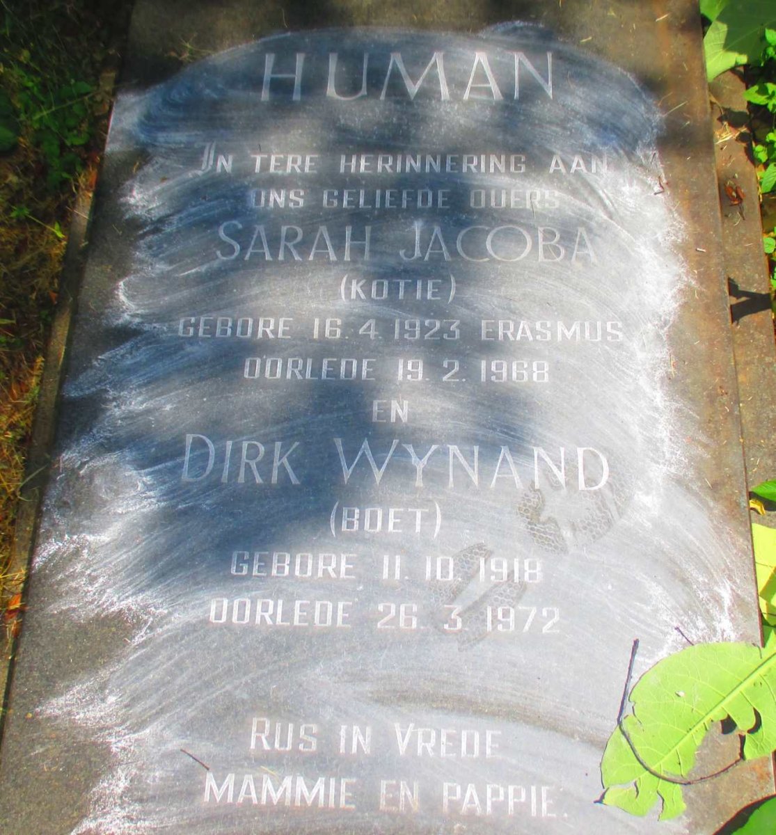 HUMAN Dirk Wynand 1918-1972 &amp; Sarah Jacoba ERASMUS 1923-1968