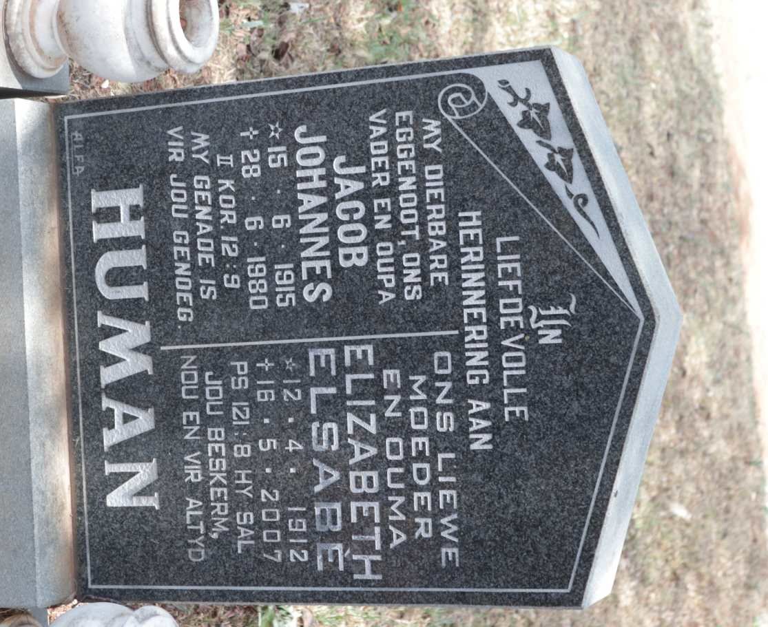 HUMAN Jacob Johannes 1915-1980 &amp; Elizabeth Elsabe 1912-2007
