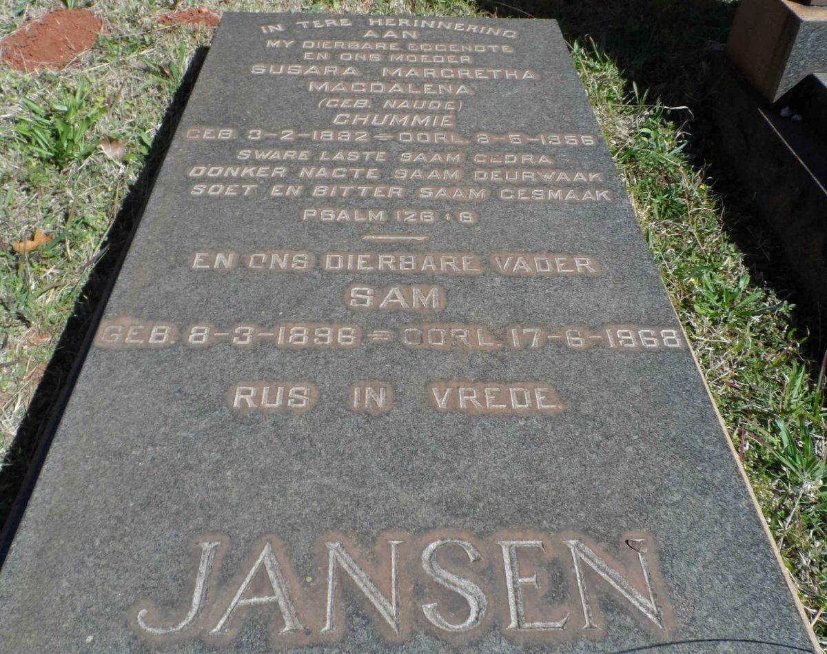 JANSEN Sam 1896-1968 &amp; Susara Margretha Magdalena NAUDE 1892-1956