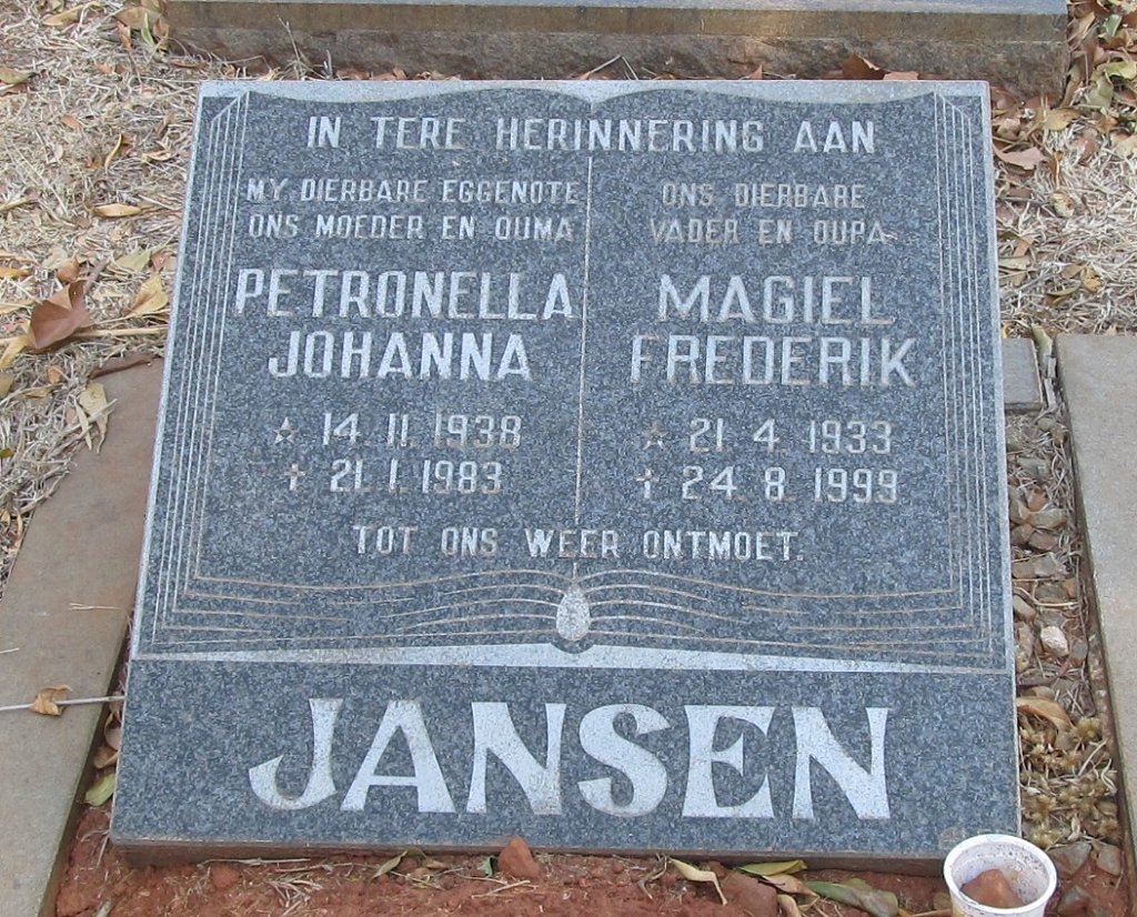 JANSEN Magiel Frederik 1933-1996 &amp; Petronella Johanna 1938-1983